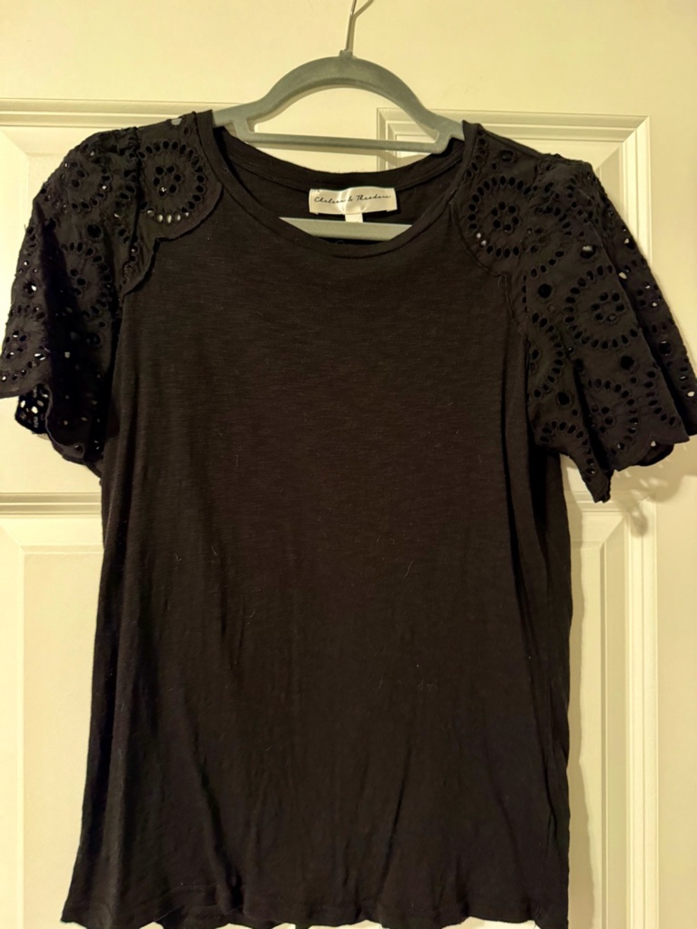 Chelsea & Theodore Black Short-Sleeve Eyelet Top
